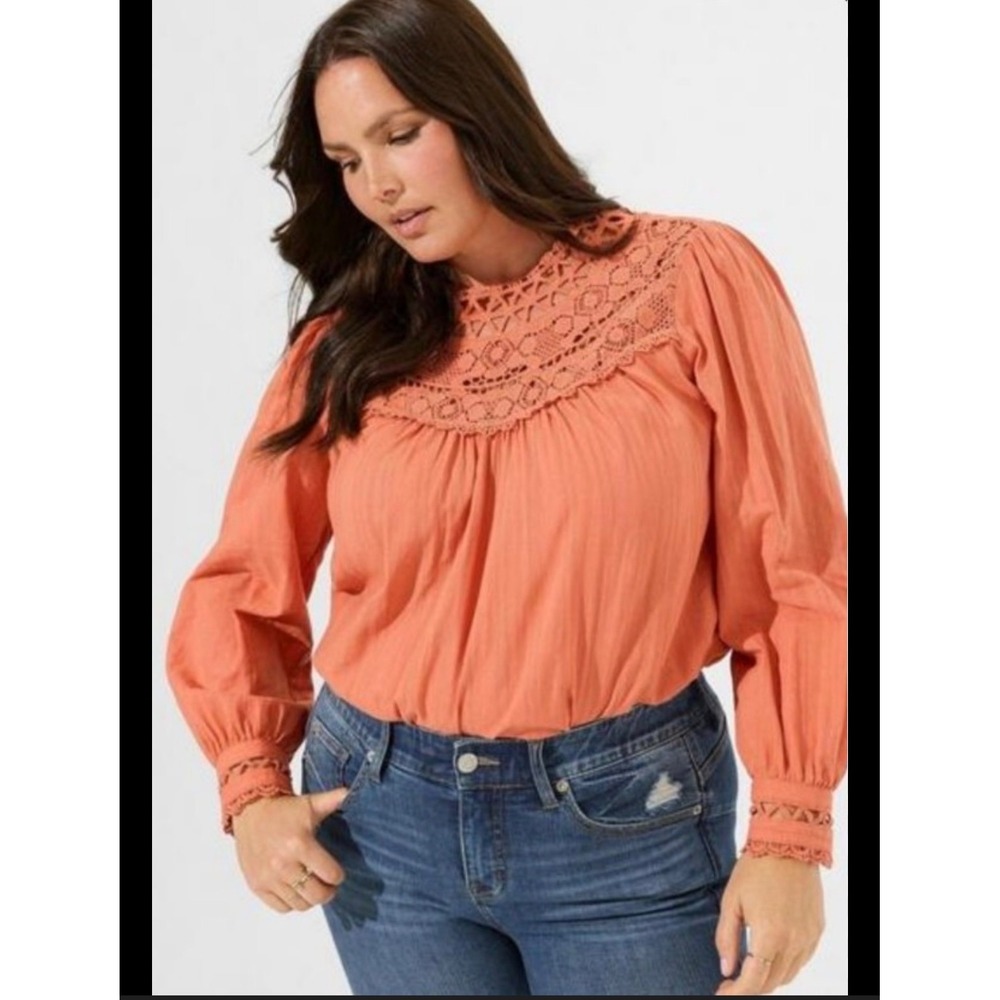Torrid‎ Coral Cotton Gauze Crochet Lace Yoke Blouse Top 3X Boho